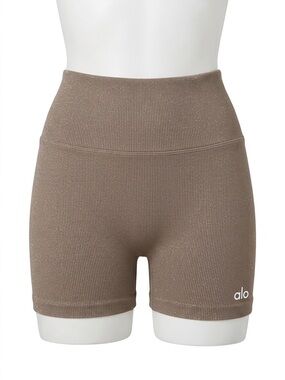 ALO Yoga Ribbed High-Rise Seamless Shimmer Bike Shorts in Taupe Gravel Small